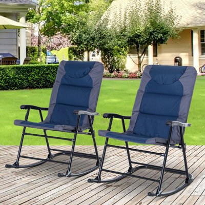 Outsunny 2 Piece Outdoor Rocking Chair Set, Patio Furniture Set With Folding Design, Armrests For Porch, Camping, Balcony, Navy Blue