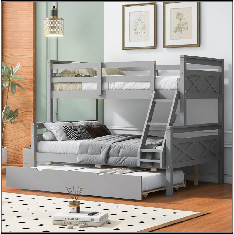 Lit simple superposé au dessus d'un lit double avec échelle, lit gigogne simple, barrière de sécurité, Gris