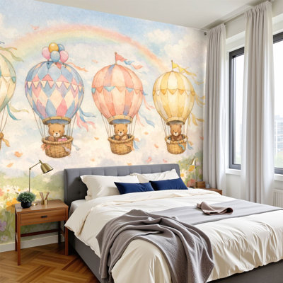 Papier peint auto-adhésif fantaisiste, enfants, montgolfières, prairie flottante, animaux mignons H 100 po x l 144 po, papier peint amovible en PVC, adhésif pour chambre à coucher, bureau à domicile