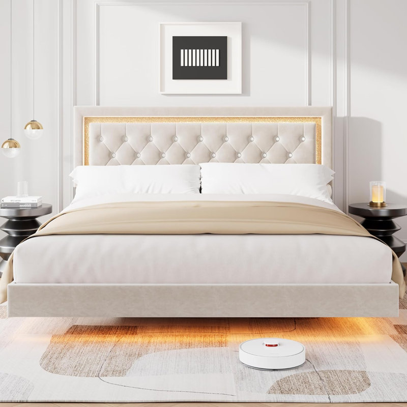 Floating Bed Frame with Led Lights, Upholstered King Platform Bed with Diamond Headboard, White, King