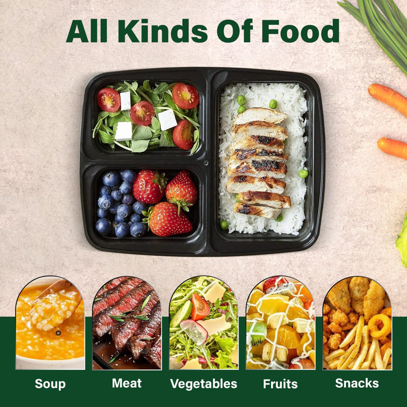 34oz Meal Prep Containers Reusable 3 Compartment Food Storage Pack Of 10