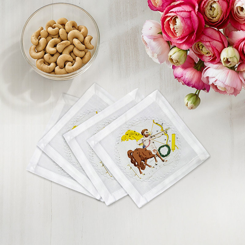 Zodiac Sagittarius Cotton Sateen Cocktail Napkins, White