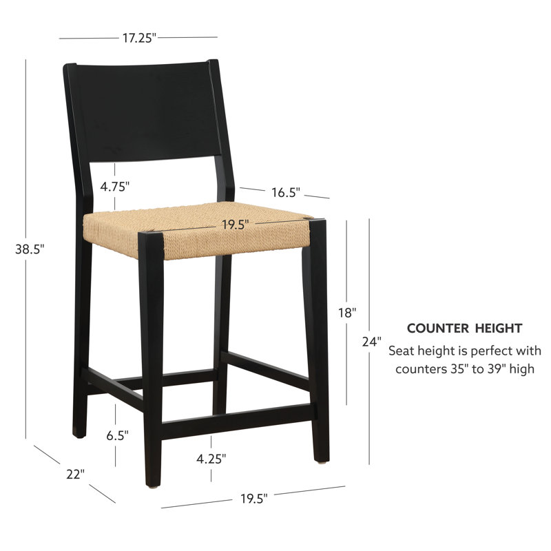 Tabouret de comptoir en bois massif noir Corrine avec siège en rotin tissé à la main (ensemble de 2)