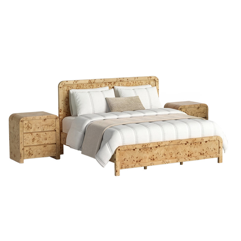 Ensemble de chambre à coucher en bois de ronce 3 pièces Cora, Trois pièces : lit et deux tables de chevet