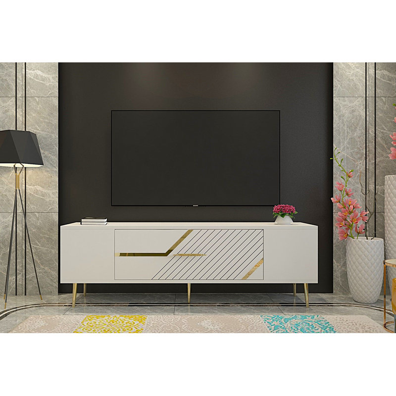 Meuble télé Catena Modern Glam, blanc et or, 59,1 po x 19,0 po x 11,6 po | 100% panneau de particules enduit de mélamine, conception murale, rayures élégantes | Parfait pour le salon et les espaces de divertissement, durable et élégant