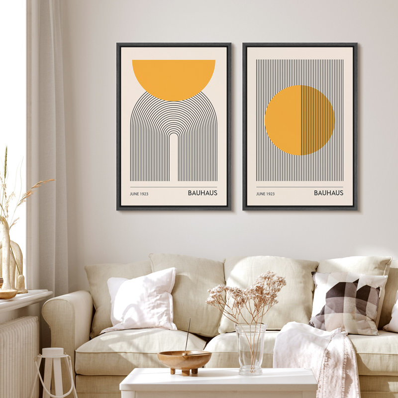 Mid Century Modern Boho Bauhaus Solar Sun Abstract Art Decor Framed On Canvas 2 Pieces Print, 24" H x 32" W x 1.5" D, Black