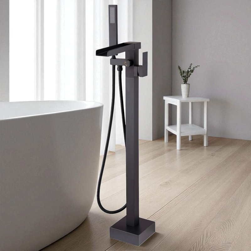 Black Waterfall Tub Filler Freestanding Bathtub Faucet Floor Mount Brass Single Handle Bathroom Tub Faucet With Hand Shower