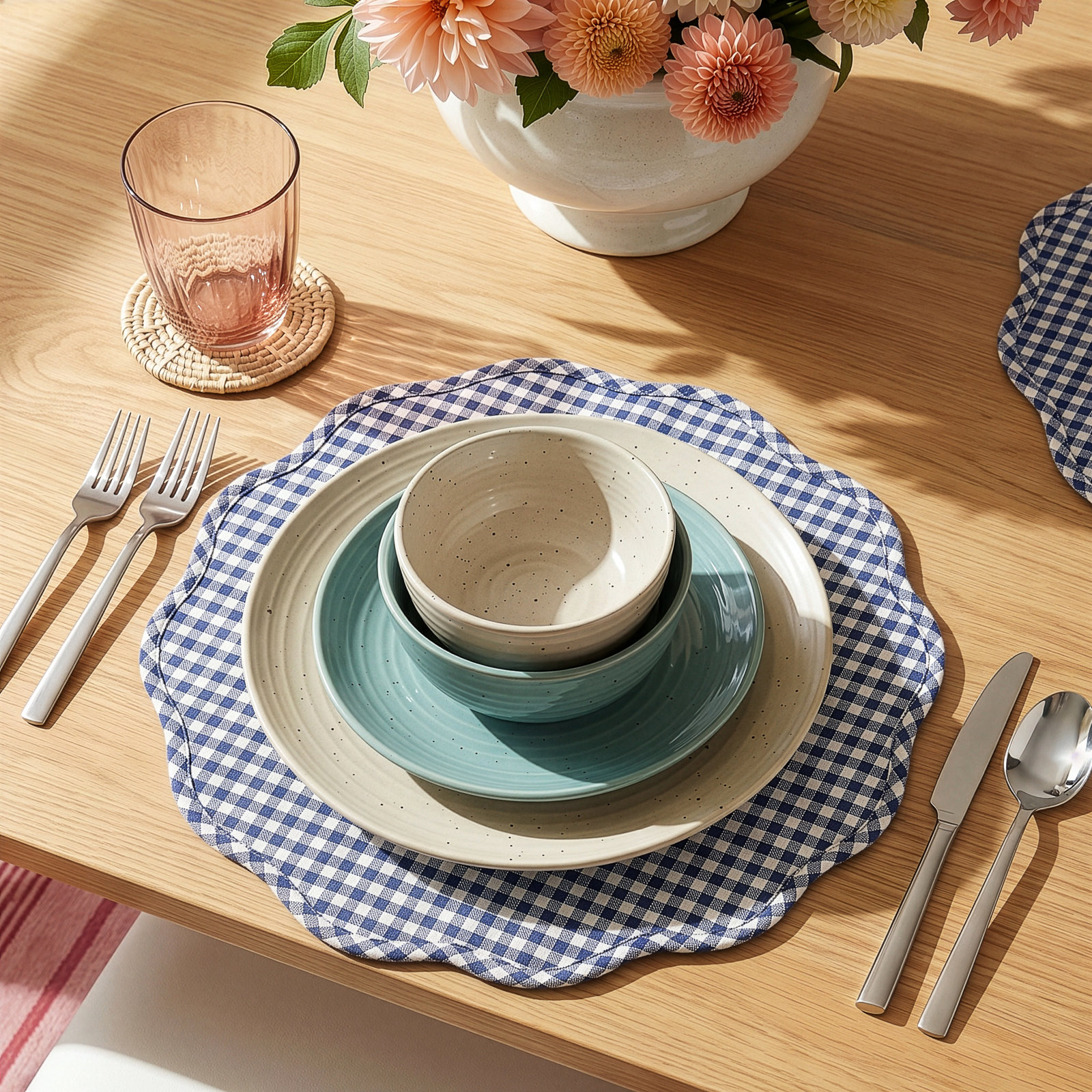 Siterra Stoneware Dinnerware Set - Service for 4, Green/Blue/Gray/Cream, Polka Dots