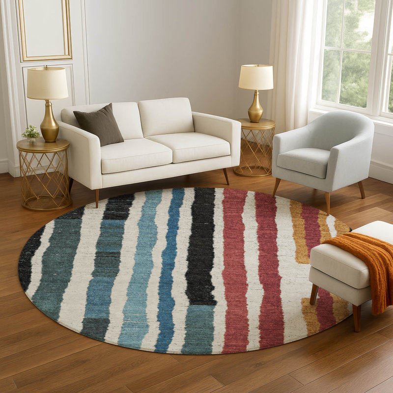 Premium Machine Washable Kemmer AMF1961 Stripes Rug, Round 8'