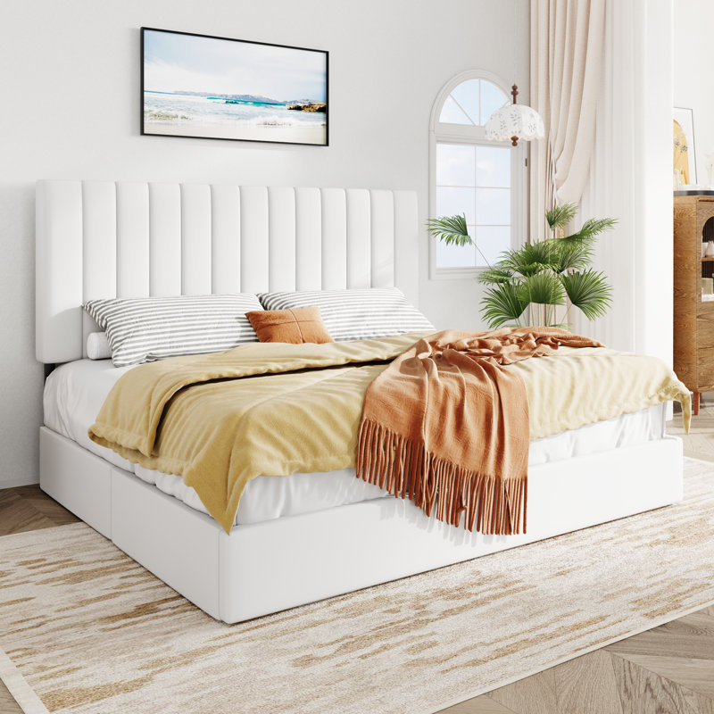 Lit plateforme tapissier en velours avec tête de lit réglable et 4 tiroirs, Blanc, Très grand