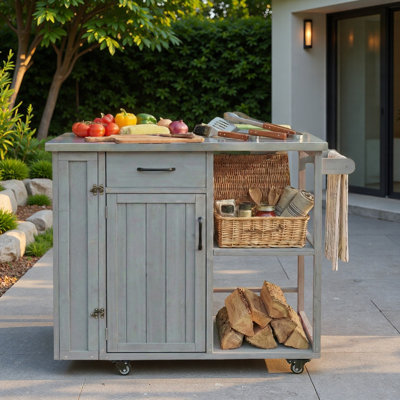 Outdoor Kitchen Island With Stainless Top, Towel, Spice Racks, Cabinet, Open Storage Space And Drawer