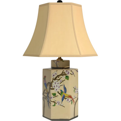 Co-t Elegant Jar Lamp With Fabric Shade, UL Approved, 3-Way 100W Compatibility, Birds And Flowers Design