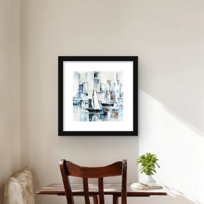 Formes abstraites et bateaux - Gris, reproduction d'art moderne encadrée