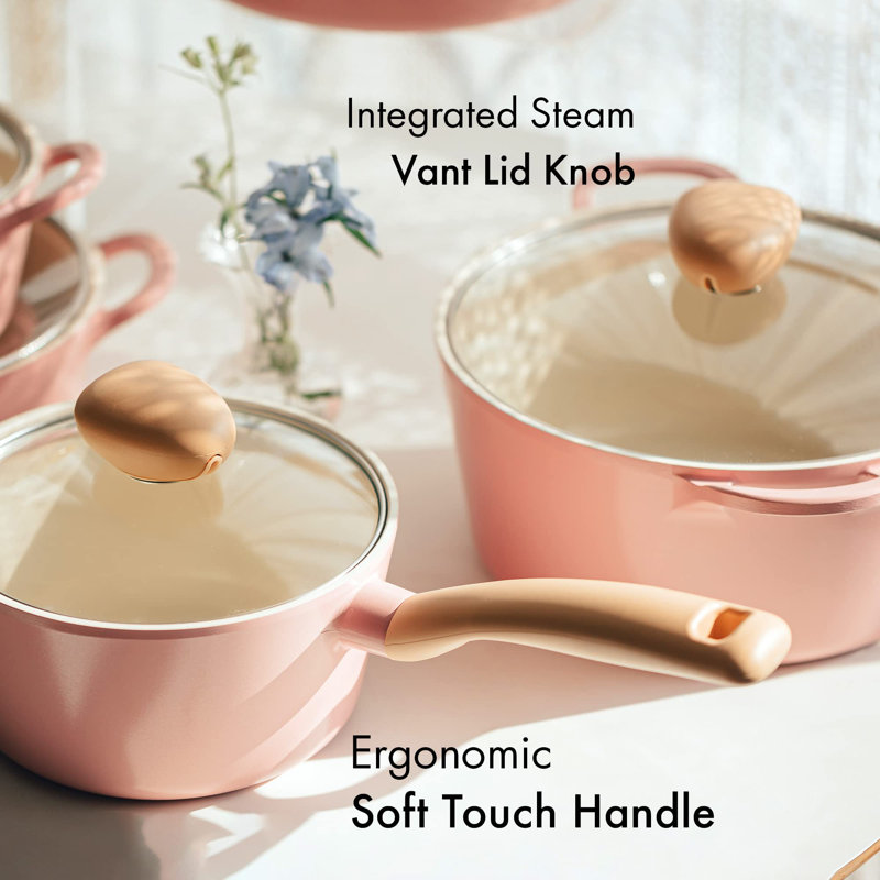 Pink Nonstick Aluminum 5-Piece Cookware Set with Glass Lids
