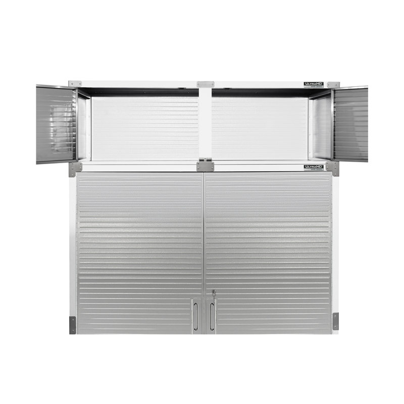 Stainless steel stacking wall cabinet with an open upper section and two lockable lower doors featuring a horizontal ribbed texture.