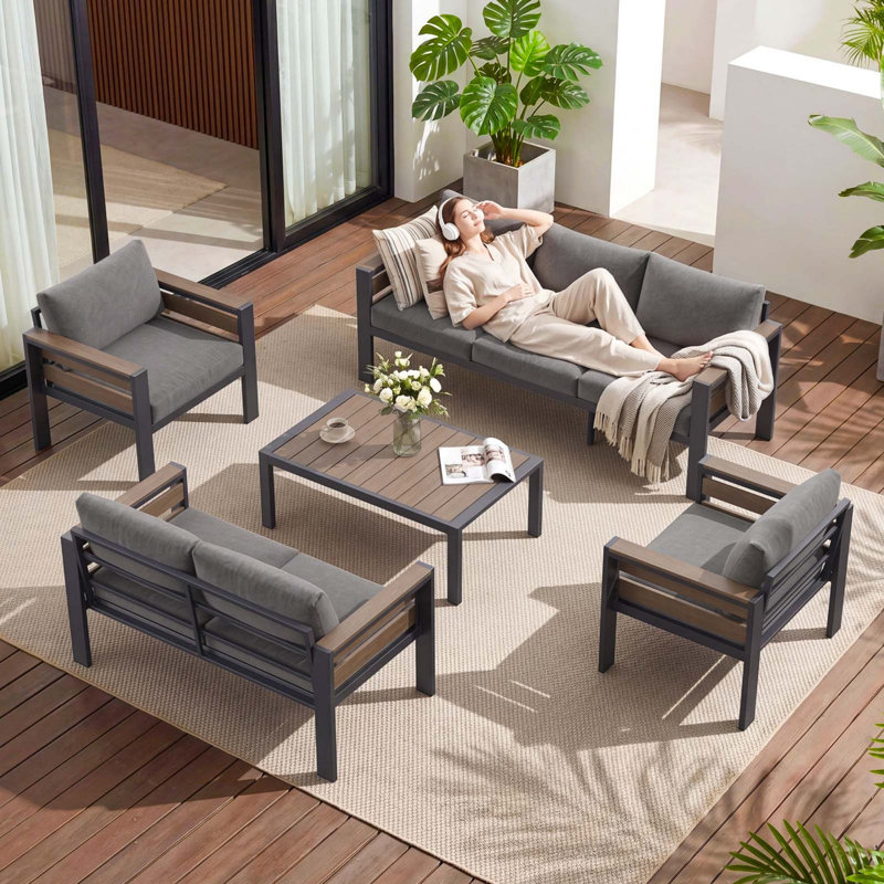 5 Piece Aluminum Patio Furniture Set, Modular Outdoor Conversation Set With Thick Cushions For Patio, Balcony, Backyard