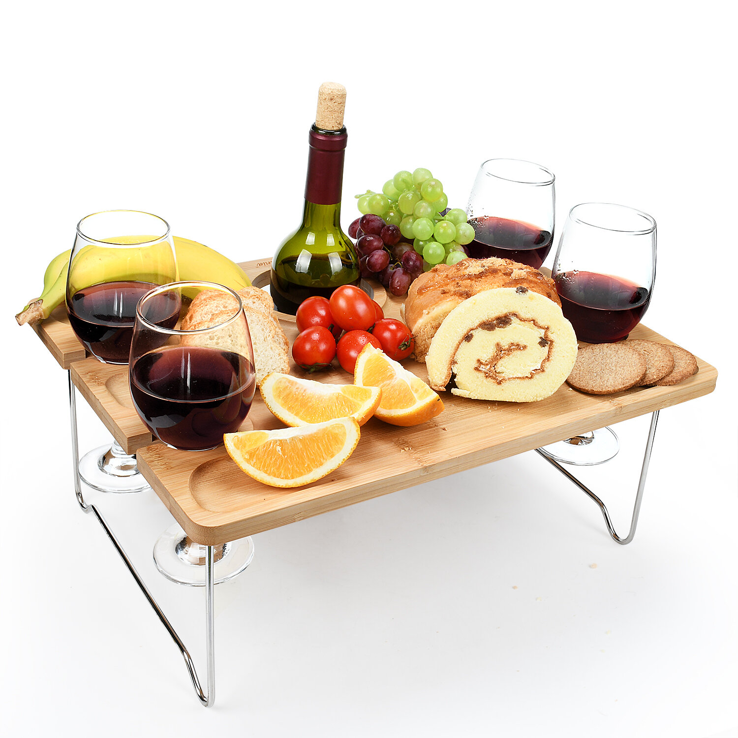 Tirrinia Bamboo Wine Picnic Table, Ideal Wine Lover Gift, Large Folding  Portable Outdoor Snack & Cheese Tray with 4 Wine Glasses Holder for  Concerts at Park or Party, Beach