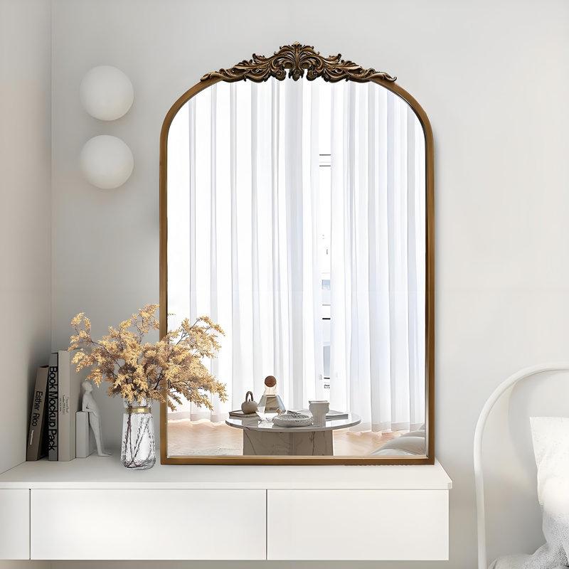 Vintage Metal Ornate Baroque Decorative Wall Mirror, Gold Arch Wall Mirror For Hanging Or Leaning, 36" x 24"