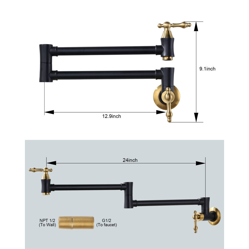 ARCORA Wall Mounted Pot Filler Brass Folding Kitchen Faucet with 2 Handles, Black/Gold