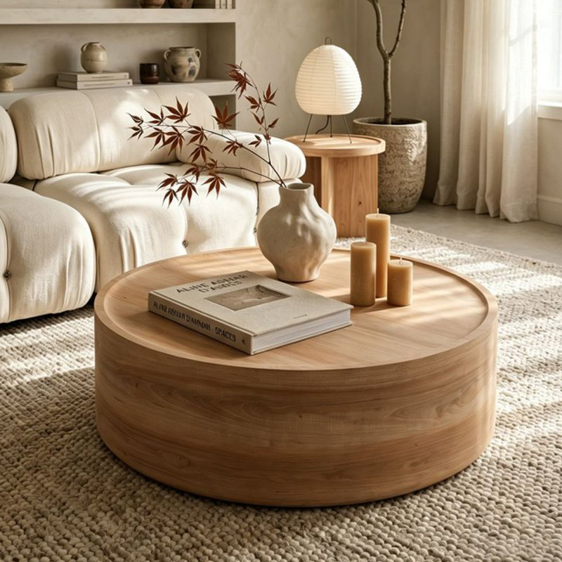 Table basse ronde avec grain de bois naturel, H 12,43 po x l 39,4 po x P 39,4 po