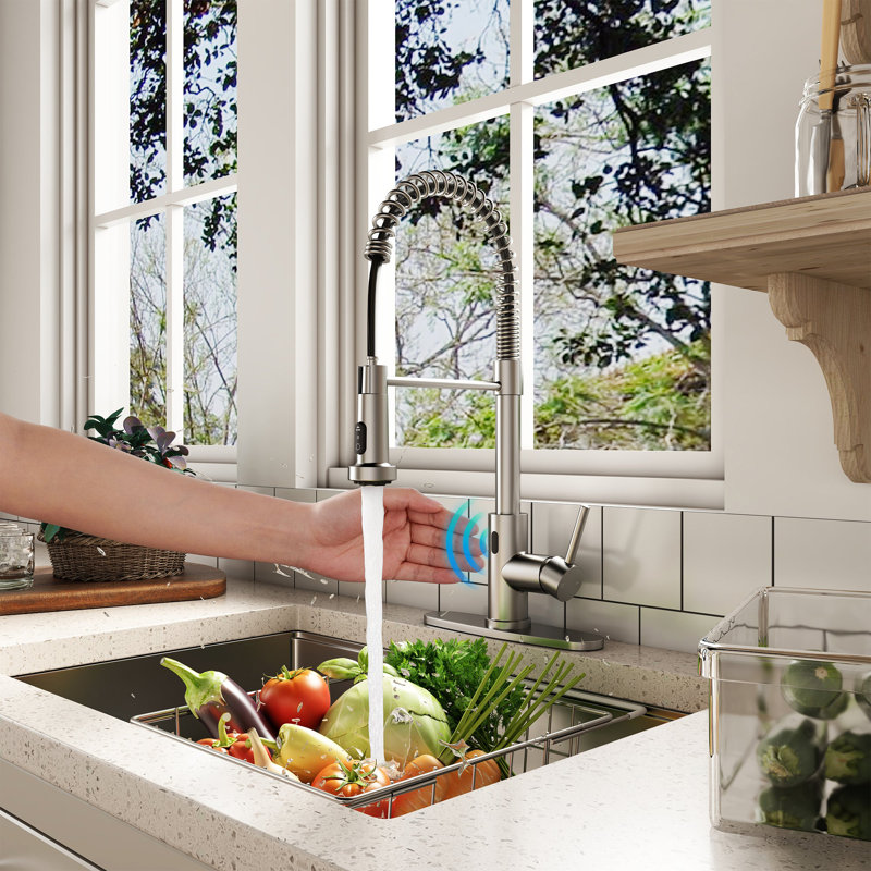 Brushed Nickel Touchless Pull-Down Kitchen Faucet with Spray