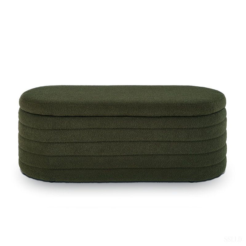 Banc de rangement moderne avec repose-pieds ovale, banc rembourré avec rangement en tissu Teddy Boucle Teddy, Vert foncé