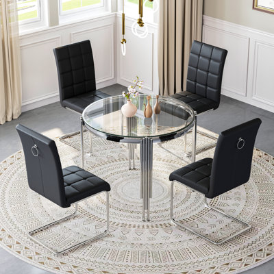 5-Piece Round Glass Dining Set, 37" Tempered Glass Table With 4 High Back PU Leather Chairs