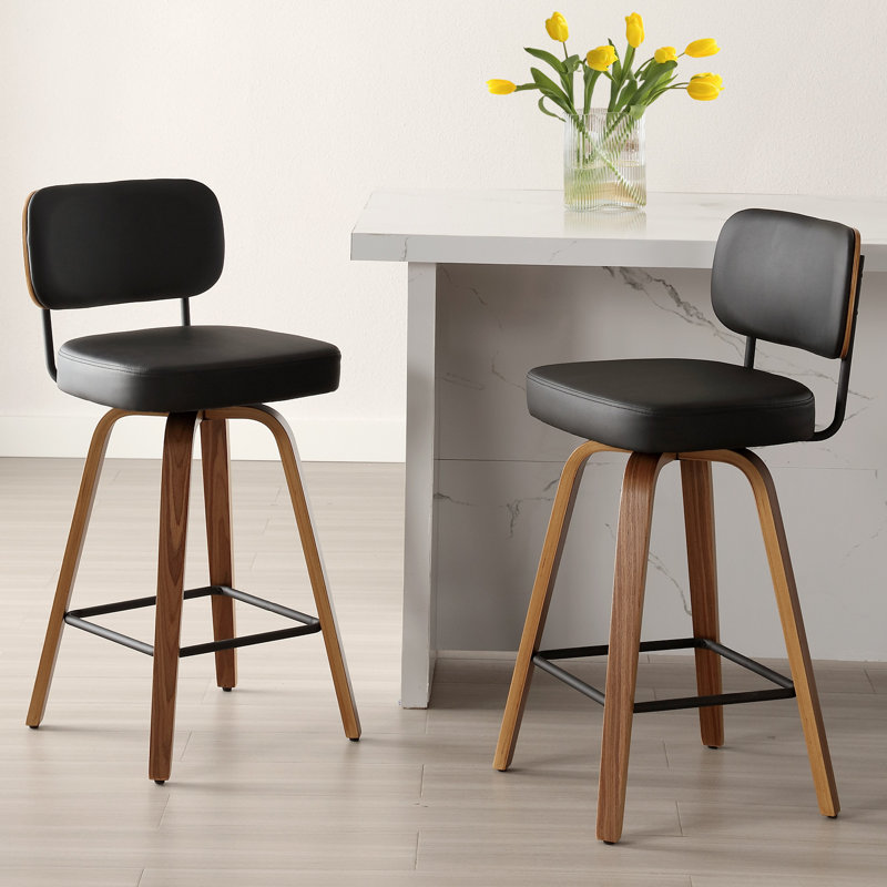 Swivel Bar Stools & Counter Stools Walnut Bentwood & Faux Leather, Black, 1