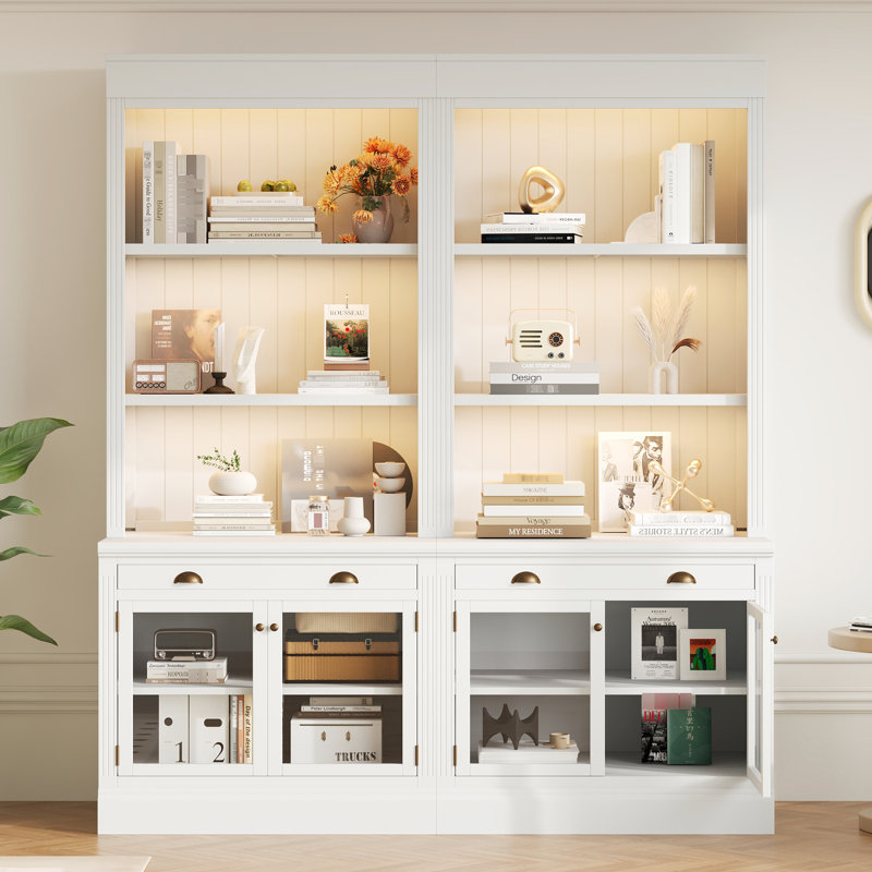 Blanc, moderne, bibliothèque de 83,4 po, éclairage à DEL, portes en verre transparent, tiroirs, utilisation dans la chambre à coucher