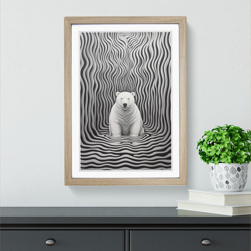 Polar Bear Op - Single Picture Frame Print on Wood, 46cm H x 34cm W x 2cm D, Oak Framed
