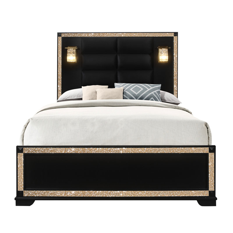 Grand lit avec lampes en bois, décoration scintillante, tête de lit rembourrée confortable, structure à profil bas, profilé, fabrication solide pour la chambre à coucher