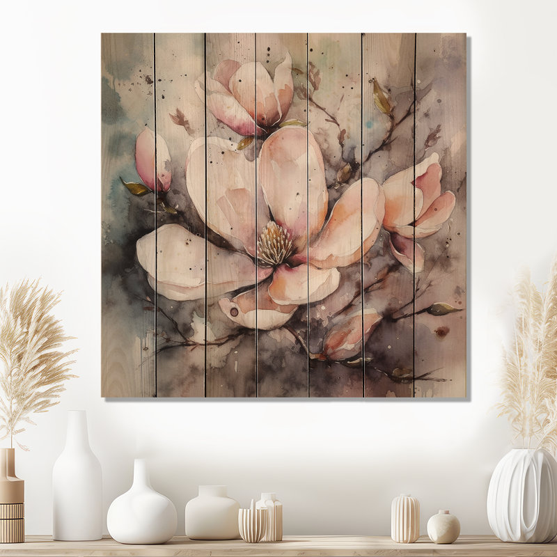 Rose Magnolia Symphony I - imprimé floral de magnolias sur bois de pin naturel, H 15 po x l 15 po x P 0,78 po