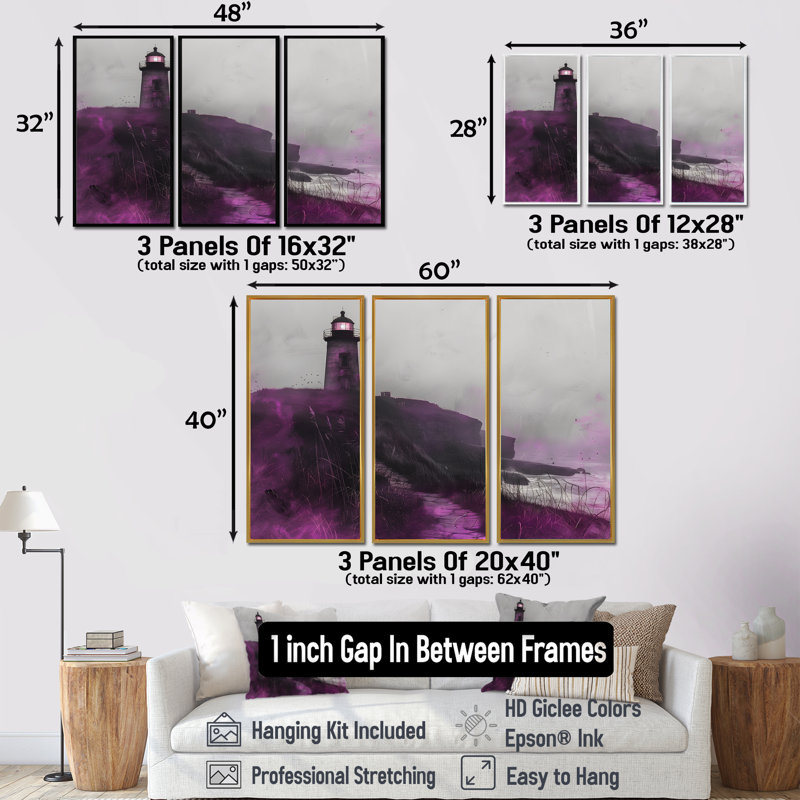Mauve et gris phare brumeux Rock I - ensemble d'art mural phares, Toile argentée avec cadre flottant