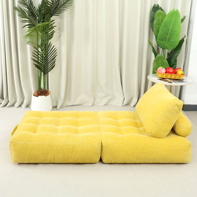 Canapé jaune en velours côtelé de 180 cm (70,8 po), en fausse fourrure confortable, sans assemblage, idéal pour lire et jouer dans la chambre ou le salon, design ergonomique, soutien du dos, de la nuque et de la tête pour une détente optimale.