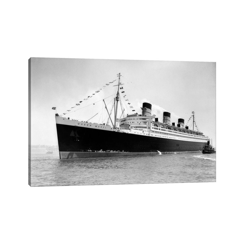 1936 Maiden Voyage Of Queen Mary Dwarfing Small Tugboat Moving Alongside It - Wrapped Canvas Print, 20.32 cm H x 30.48 cm W
