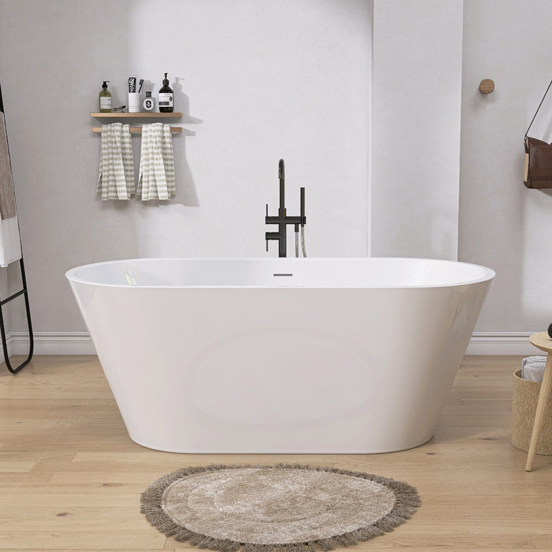 63'' x 29.5'' Freestanding Soaking Bathtub Oversize  Acrylic Stand Alone Oval Bathroom Tub for Two Person, Glossy White