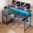 Rectangle Computer Desk with Shelves, Office Desk with Power Outlets & RGB LED Lights-2117058344-2117058358