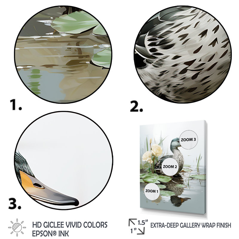 «Duck Pond Reflections V - Duck Animal», art mural, Cadre flottant noir, 40" H x 30" W