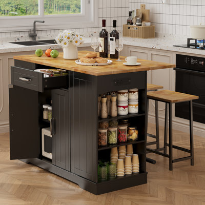 Kitchen Island With Storage Cabinet And Trash Cabinet,  3 Pieces Kitchen Dining Table Set With 2 Stools And Drop Leaf