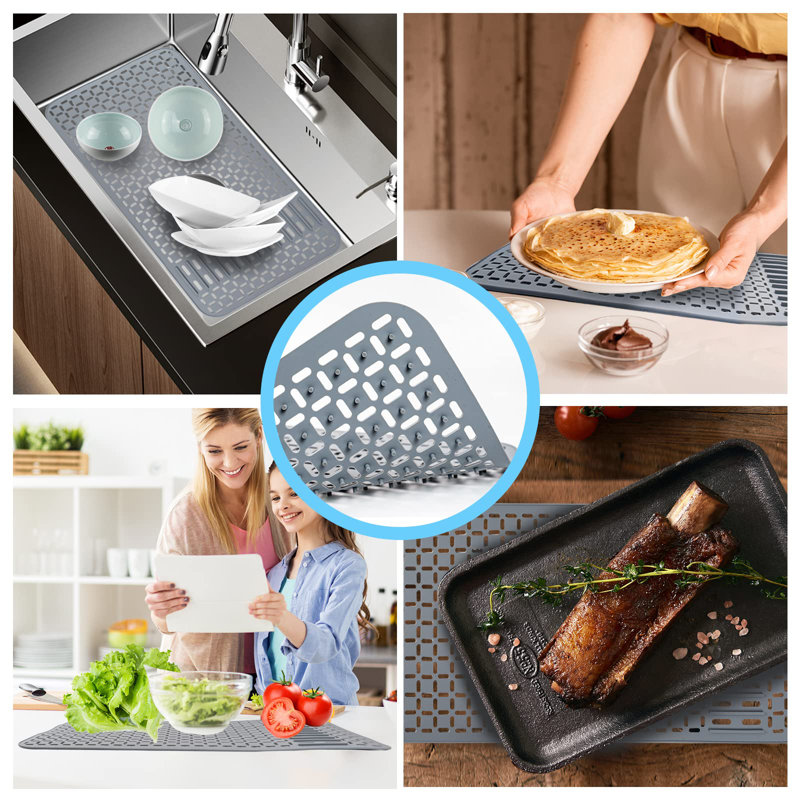 DIY Drain Hole Silicone Sink Mat, 25.6X13.6 Inch Farmhouse Kitchen Sink Protector, Heat Resistant Non-Slip Sink Liner For Stainless Steel Sinks