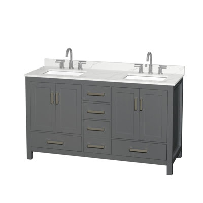 Meuble-lavabo double autoportant 60 po avec plateau en quartz Sheffield