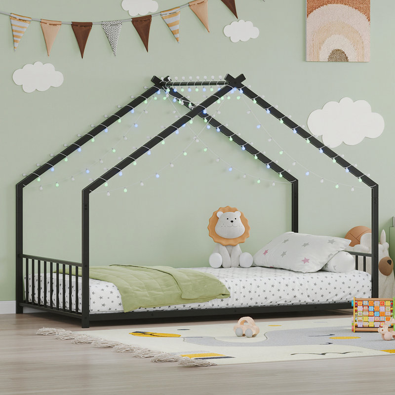 Children's Bed Frame with LED Light Strips, Sturdy Roof-Shaped Iron Frame for Safe and Fun Sleeping, Black, Twin