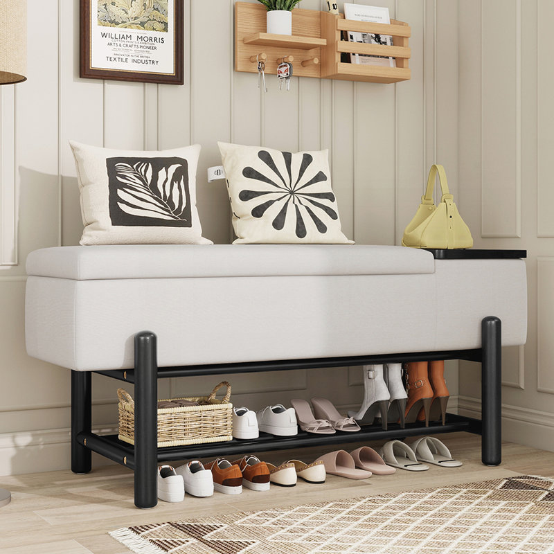 Banc de rangement rembourré avec tablette inférieure, Noir / Beige