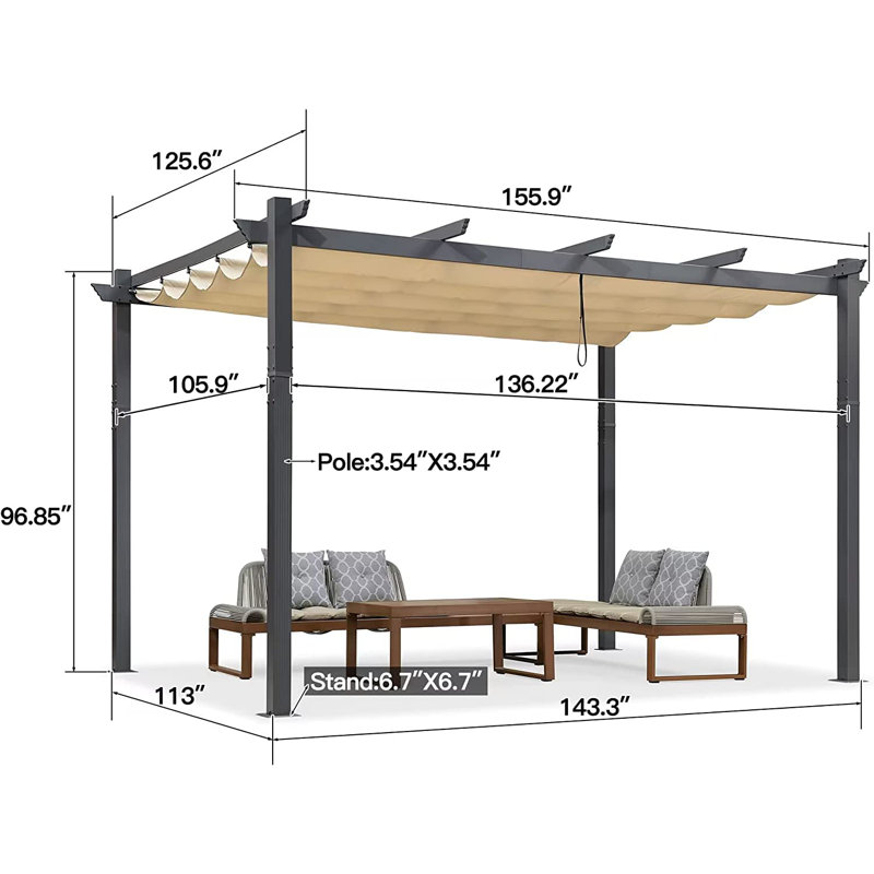 Pergola en aluminium avec auvent, Kaki, 8' H x 13' W x 9'5" D 