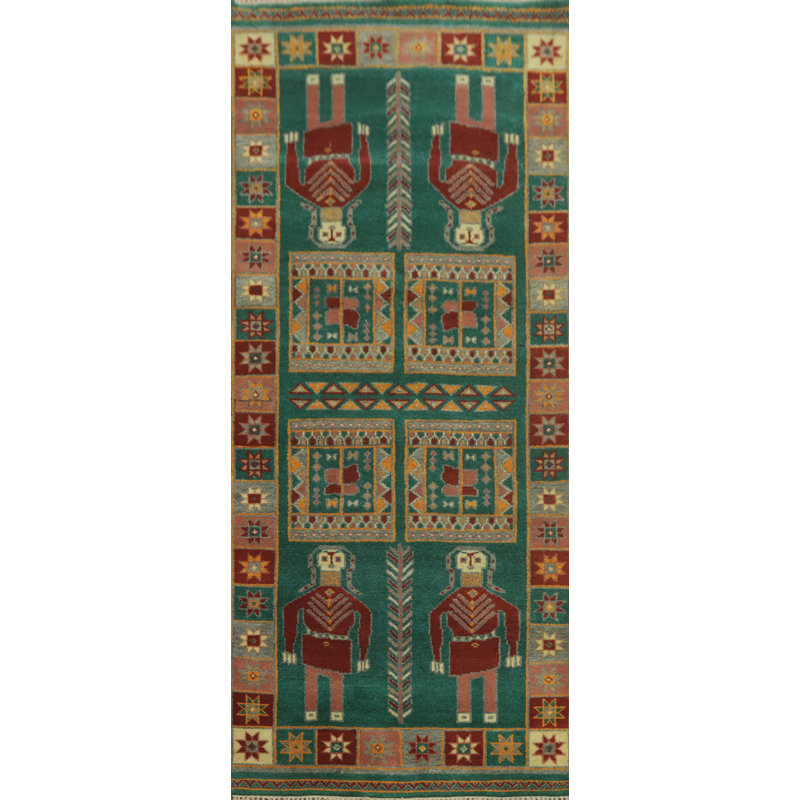 Tapis de couloir indien en laine vert style Kazak 4 x 10