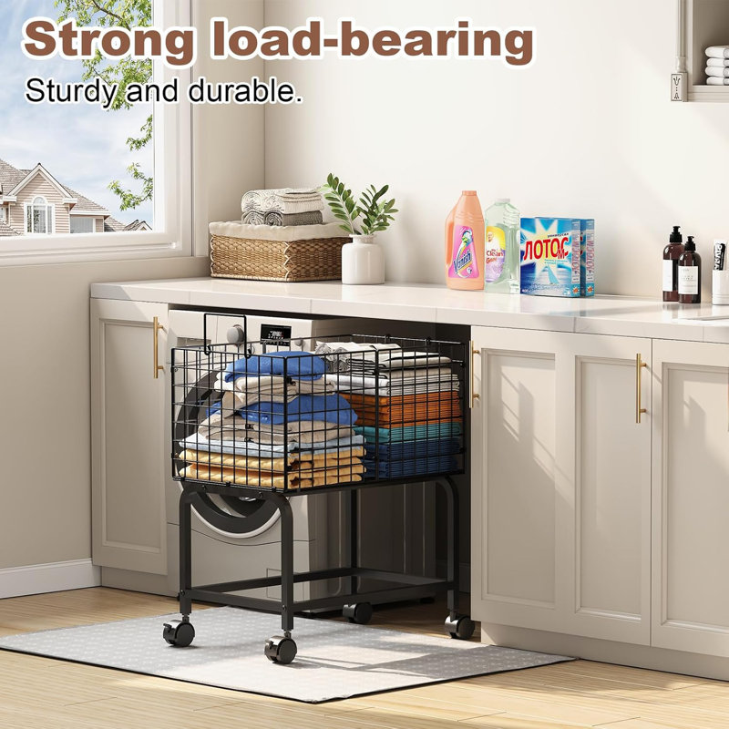 Chariot à panier à linge en fil métallique, chariots à linge roulants avec poignée à tirer, grand panier à linge noir, chariot à panier à linge en métal commercial - 23,6 x 15,75 x 28 pouces