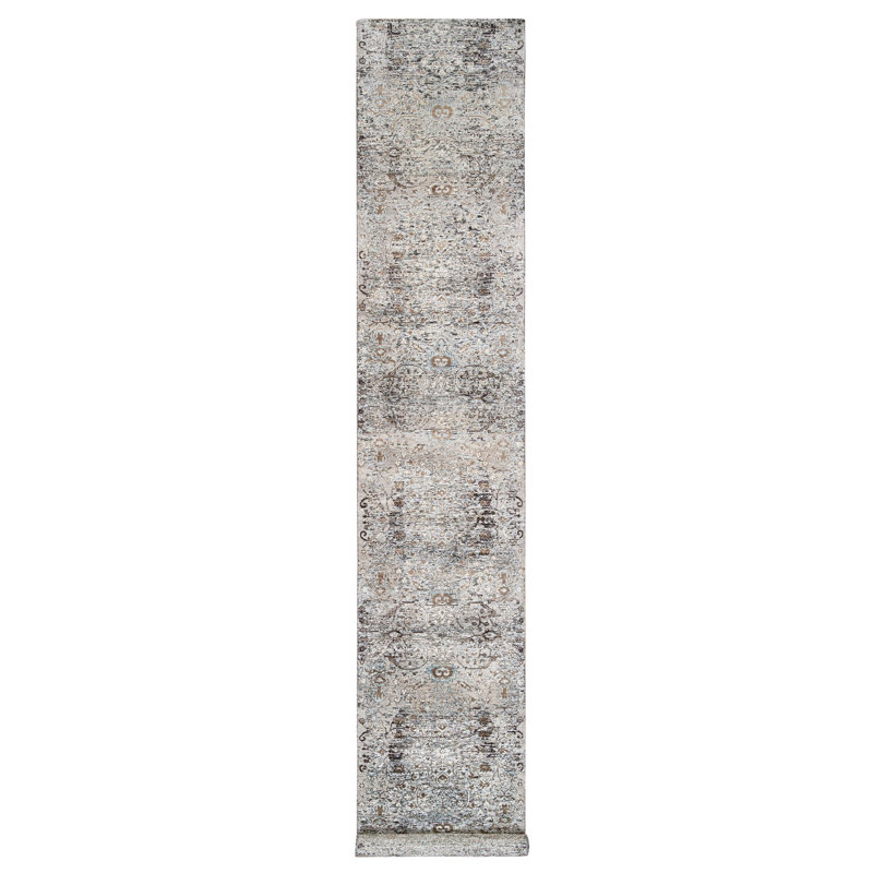 Tapis médaillon effilé 2 pi 6 po x 16 pi gris, noué à la main, moderne, transitionnel, à motif d'influence persane, en soie avec laine texturée, oriental, tapis 03EC23C15EBE4ECCBB01BDD2C109A236