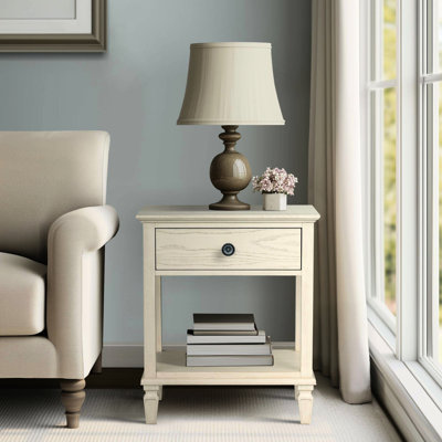 Table de chevet de couleur crème antique avec combinaison de tiroirs et de tablettes pour la chambre à coucher, finition en fil de fer naturel, assemblage requis, placage de bois, 24 po de largeur, 19 po de profondeur, 28,5 po de hauteur, avec rangement, brosse