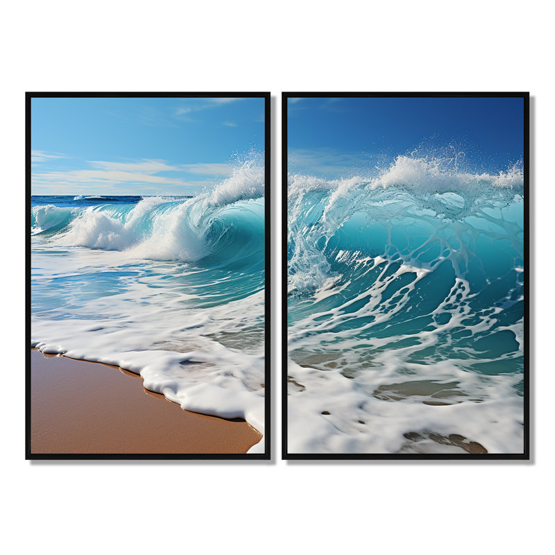 «Turquoise Power of Ocean Wave I», art mural turquoise, 2 pièces, Impression encadrée flottante, Noir, H 36 po x l 48 po