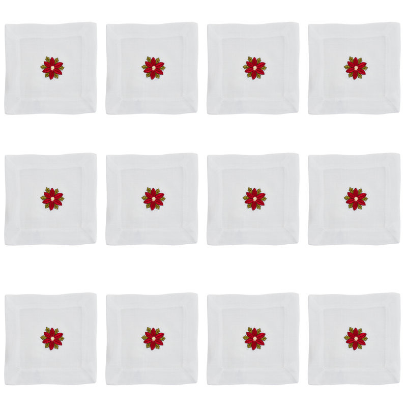 White Embroidered Poinsettia Winter Cocktail Napkins Set of 12
